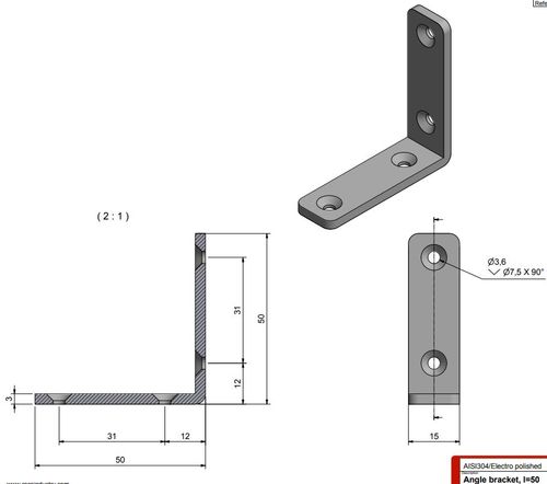 Roca, Vinkelbrakett AISI 304, 50x50x15mm, skrue 3,6mm, RF304