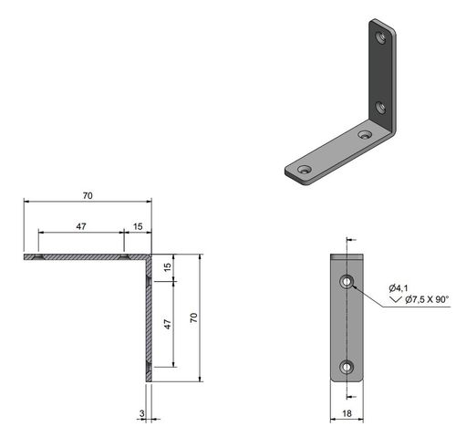 Roca, Vinkelbrakett 70x70x18mm AISI 304 skrue 4,1mm RF304