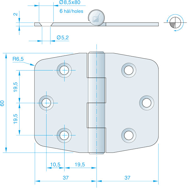 Roca, Hinge RF, 74x60mm, AISI 304