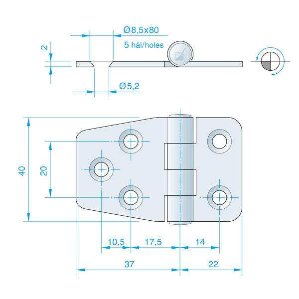 Roca, Hinge RF, 59x40mm, AISI 316