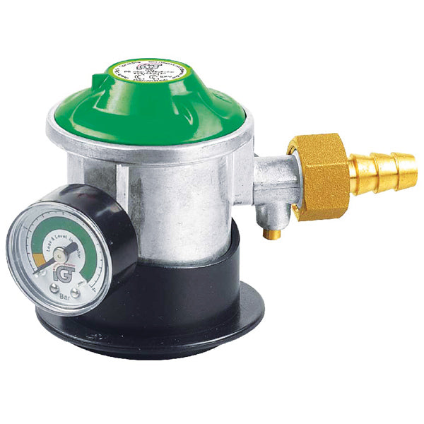 IGT, Gassregulator Jumbo LPG med manometer, 35 mm inntak - 10 mm uttak, 29 mbar, Grønn/Sølv