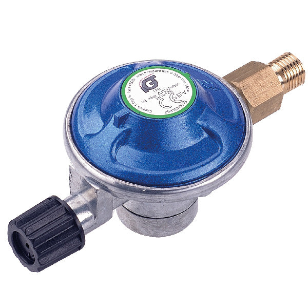 IGT, Gassregulator for engangsgassbokser m/gjenge 7/16", 30 mbar, 1/4" V, Marine godkjent EN16129-DM