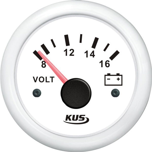 Kus, Analog Voltmeter 12V, 8-16V, Hvit, Ø 52 mm, IP67