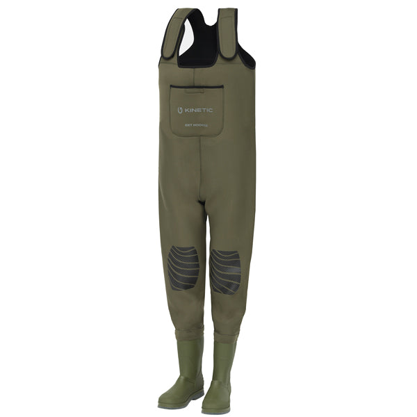 Kinetic, Neogaiter Neoprene Waders, Armygrønn, størrelse 40-41, Filtsåle, Forsterket kne, Stor brystlomme